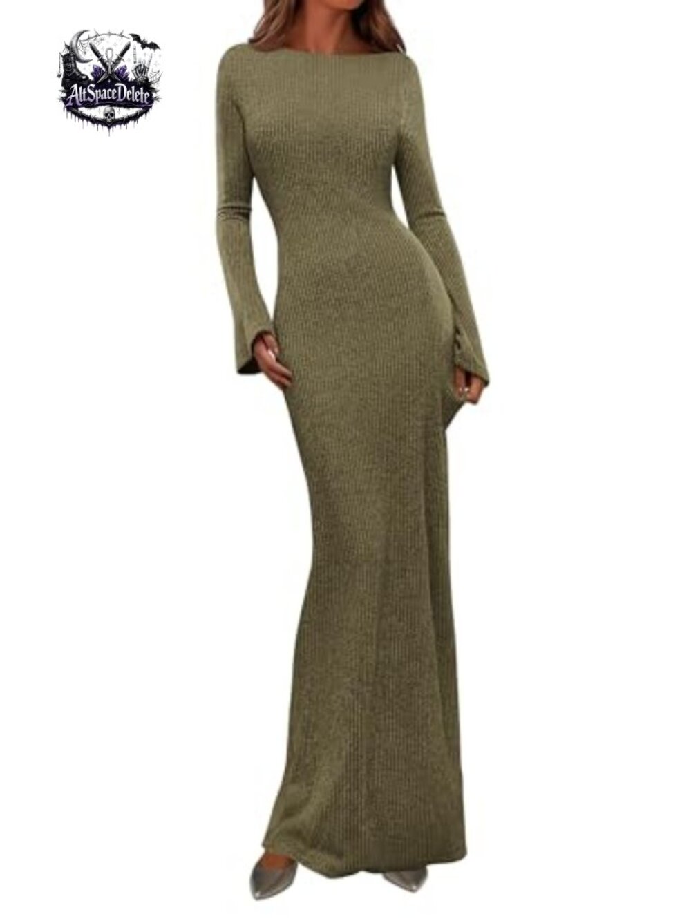 Ribbed Knit Bodycon Maxi Dress Bell Sleeve Boat Neck Long Sleeve
